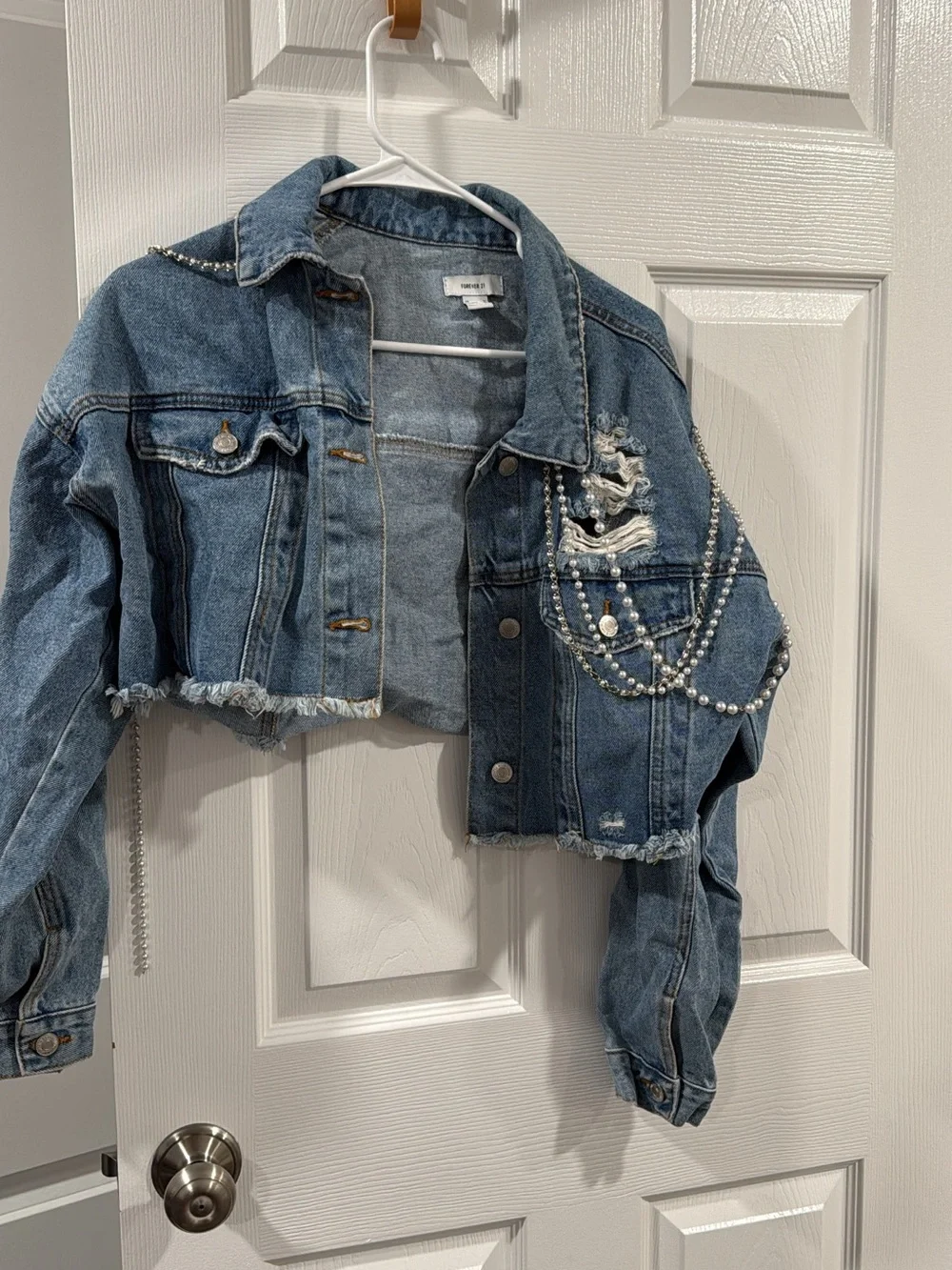 Forever 21 Cropped Blue Distressed Denim Jacket with Pearl Chains